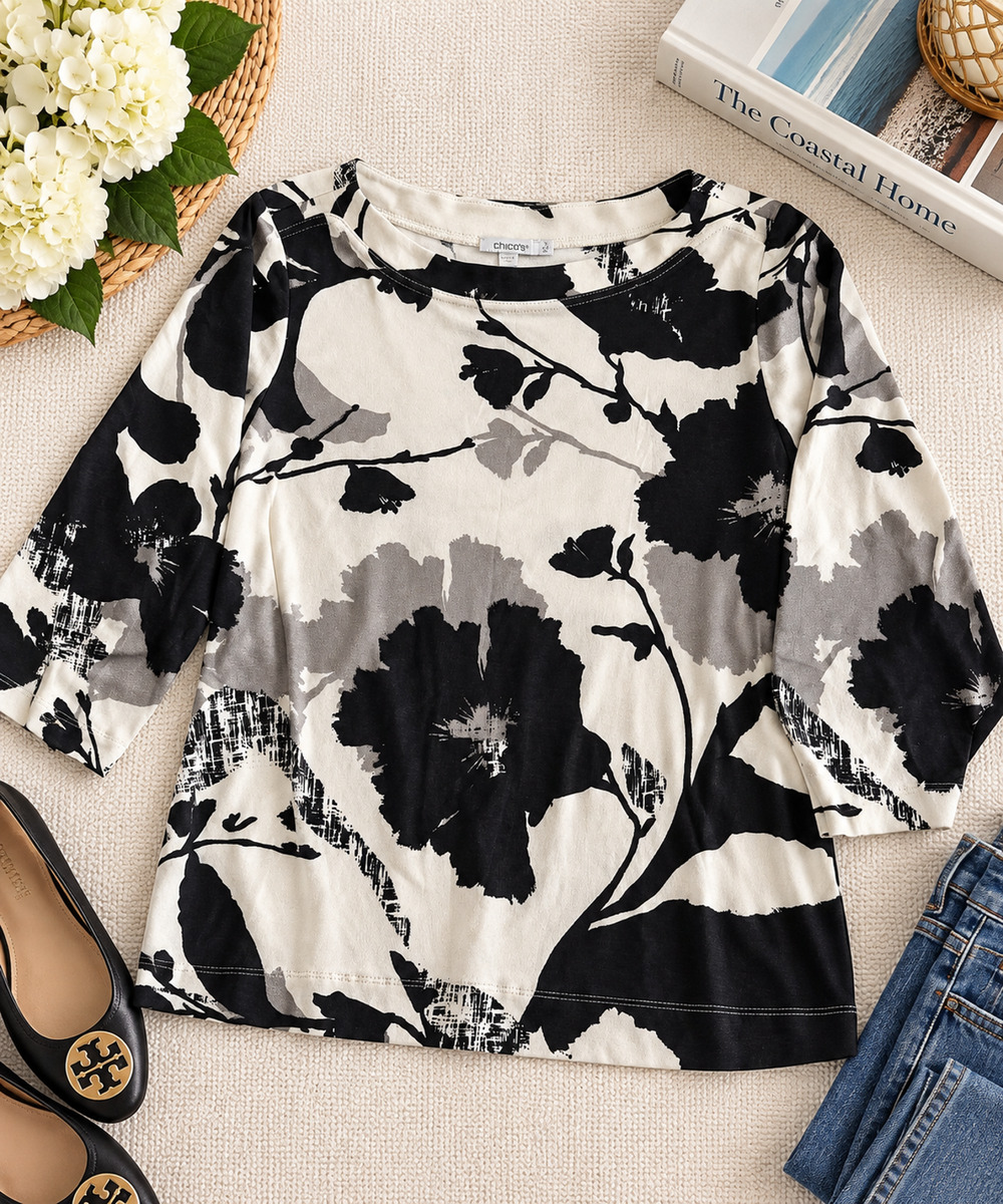Chico's Size 3 XL Black White Gray Floral Print 3/4 Sleeve Knit Top